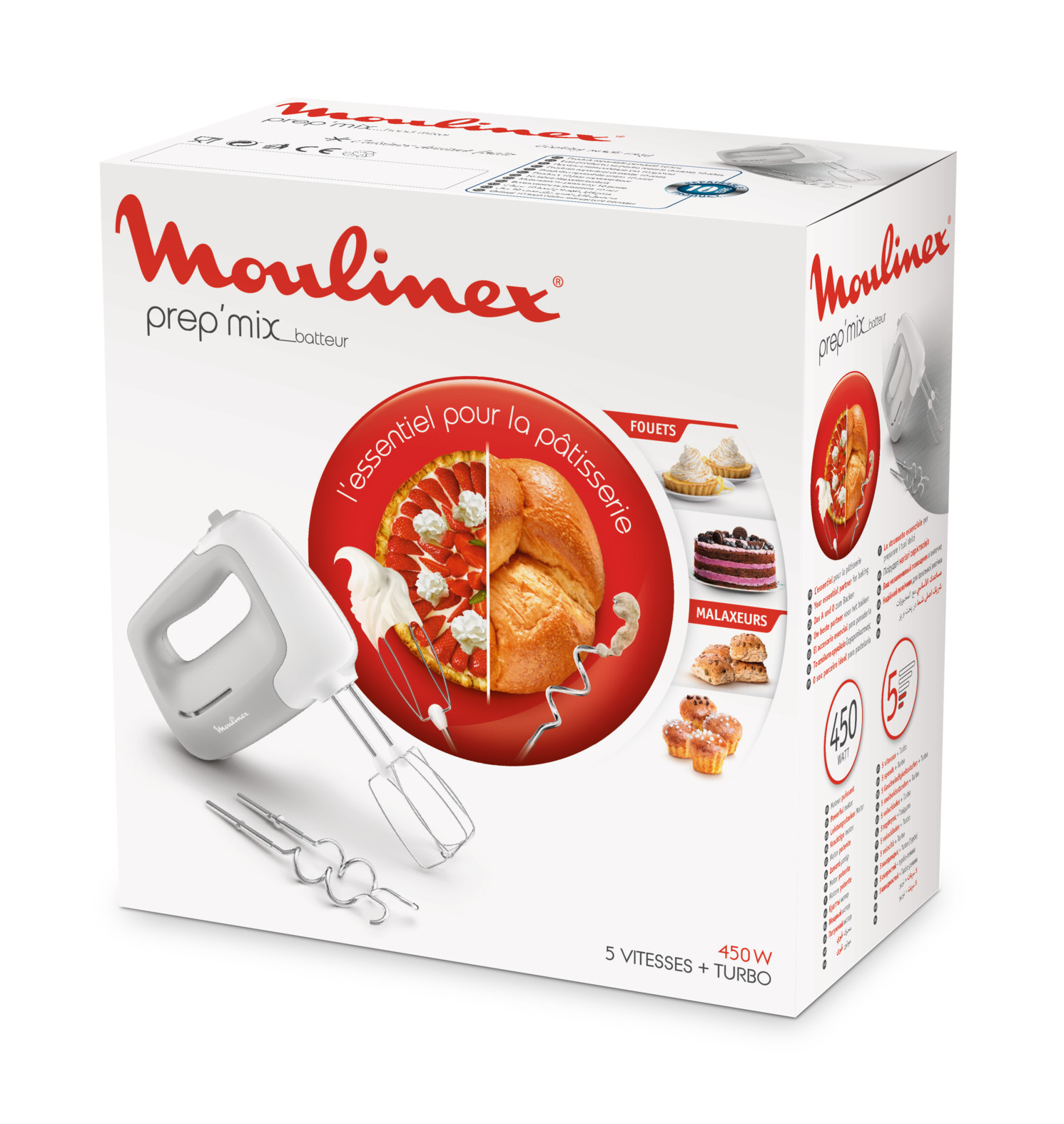 MOULINEX HM450 PrepMix, Sbattitore Elettrico, Potenza di 450 W, 5 Velocita  Regolabili e un Pulsante Turbo, 2 Lame in Acciaio Inox, 2 Ganci  Impastatori, Utilizzo Confortevole, Bianco e Grigio