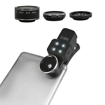 Kit 4 in 1 di lenti fotografiche universali a clip per smartphone con fotocamera singola (Fish Eye, Macro, Wide angle) + flash