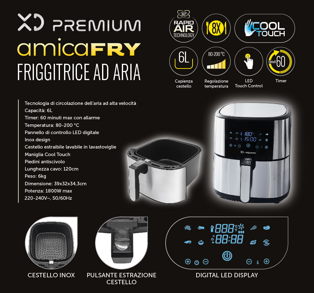 XD Enjoy XD XDJW514 friggitrice ad aria 6 L 1800 W colore Nero, Acciaio  inossidabile, Friggitrici ad aria in Offerta su Stay On