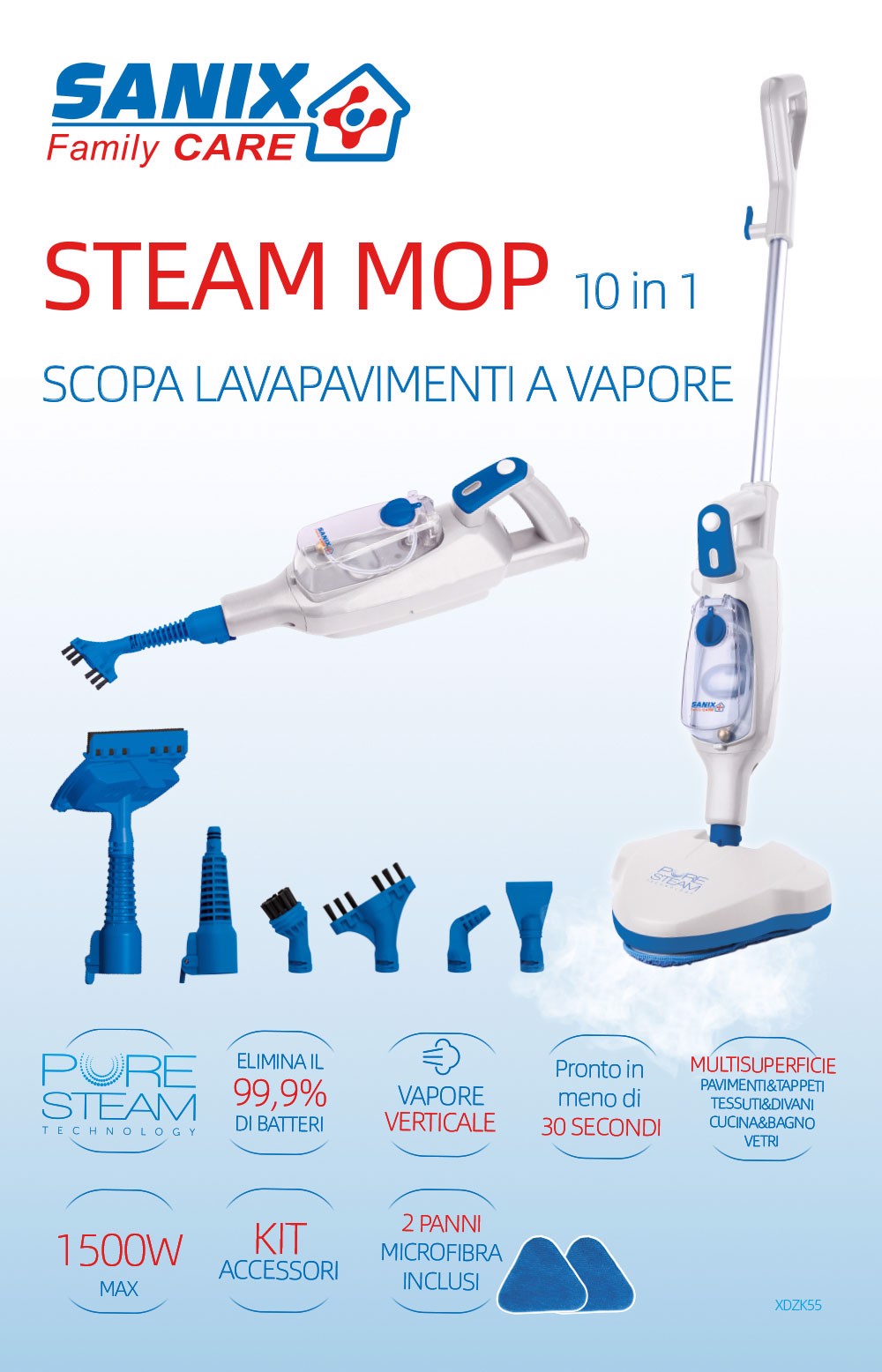 Sanix Engineering Care XDZK55 Pulitore a vapore Pulitore a vapore verticale  0,32 L 1500 W Blu, Bianco, Scope a vapore e lavapavimenti in Offerta su  Stay On