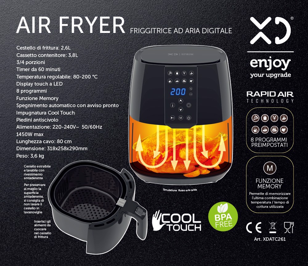 XD Enjoy XD XDATC261 Friggitrice ad Aria 2,6 L 1500W colore Nero, Friggitrici  ad aria in Offerta su Stay On