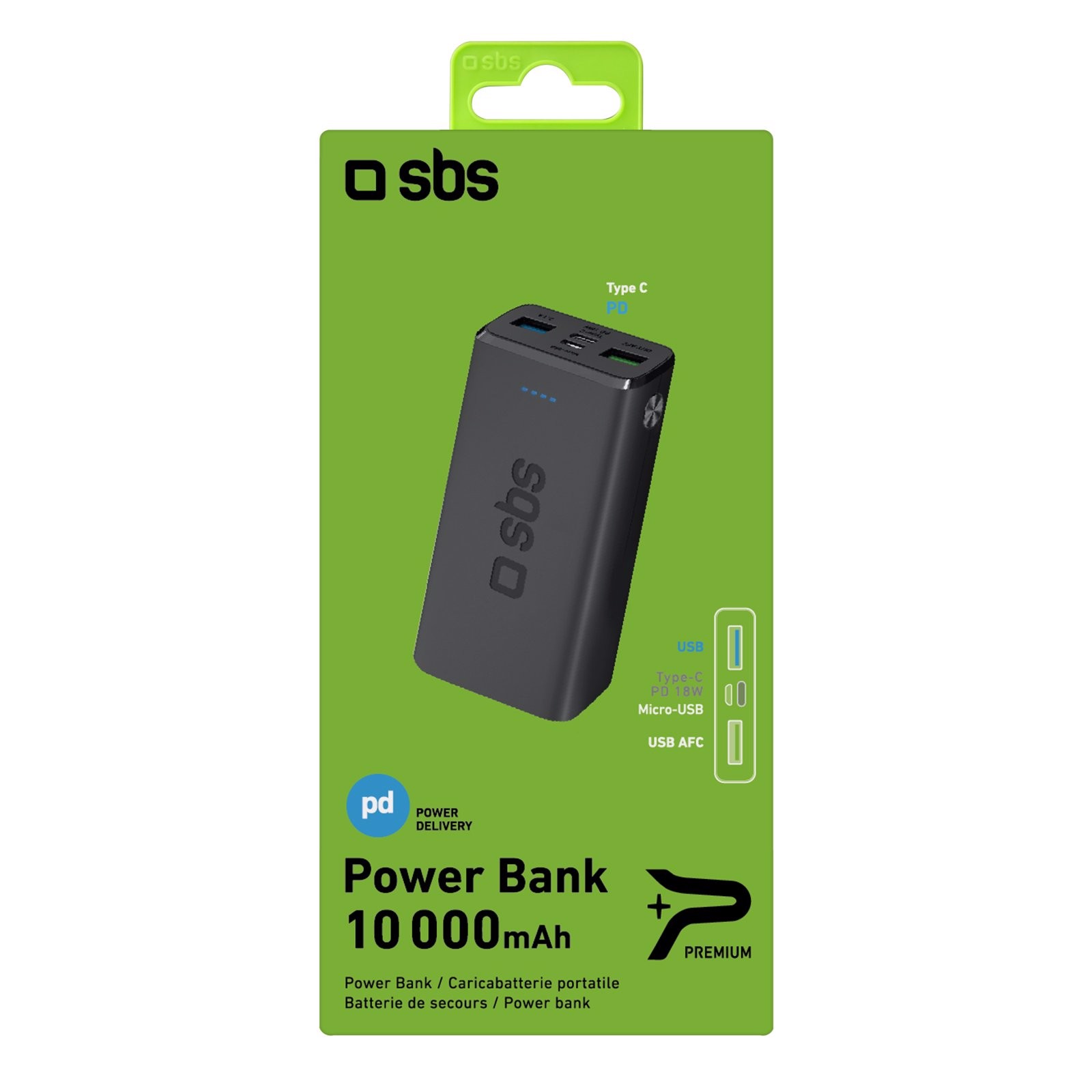 SBS Power bank 10.000 mAh - Ricarica ultra rapida 18 W con tre uscite USB