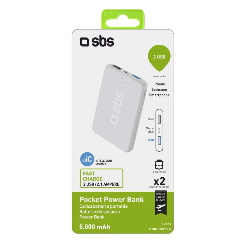 SBS Power bank Pocket 5.000 mAh - Ricarica rapida con porta USB 2.1A  Intelligent Charge (IC), Powerbank in Offerta su Stay On