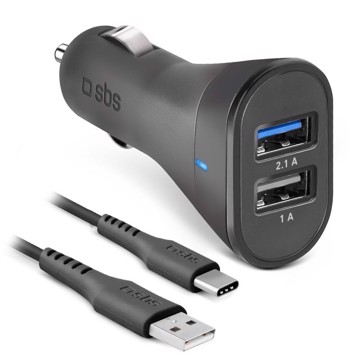 Kit caricabatterie da auto 12/24V 2100 mAh ultra fast charge, 2 USB + cavo USB Type C, colore nero