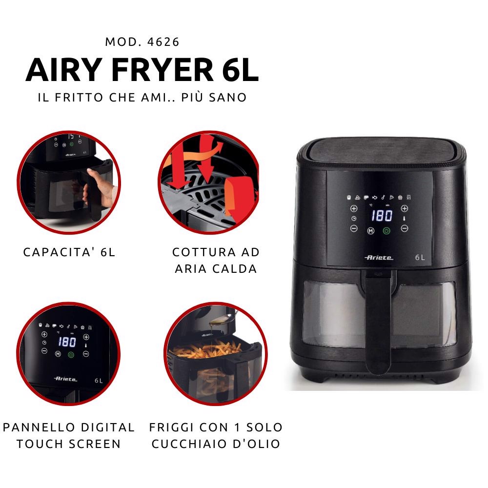 ARIETE 4626 Airy Fryer 6L, Friggitrice ad aria, 1300 W, Capacita