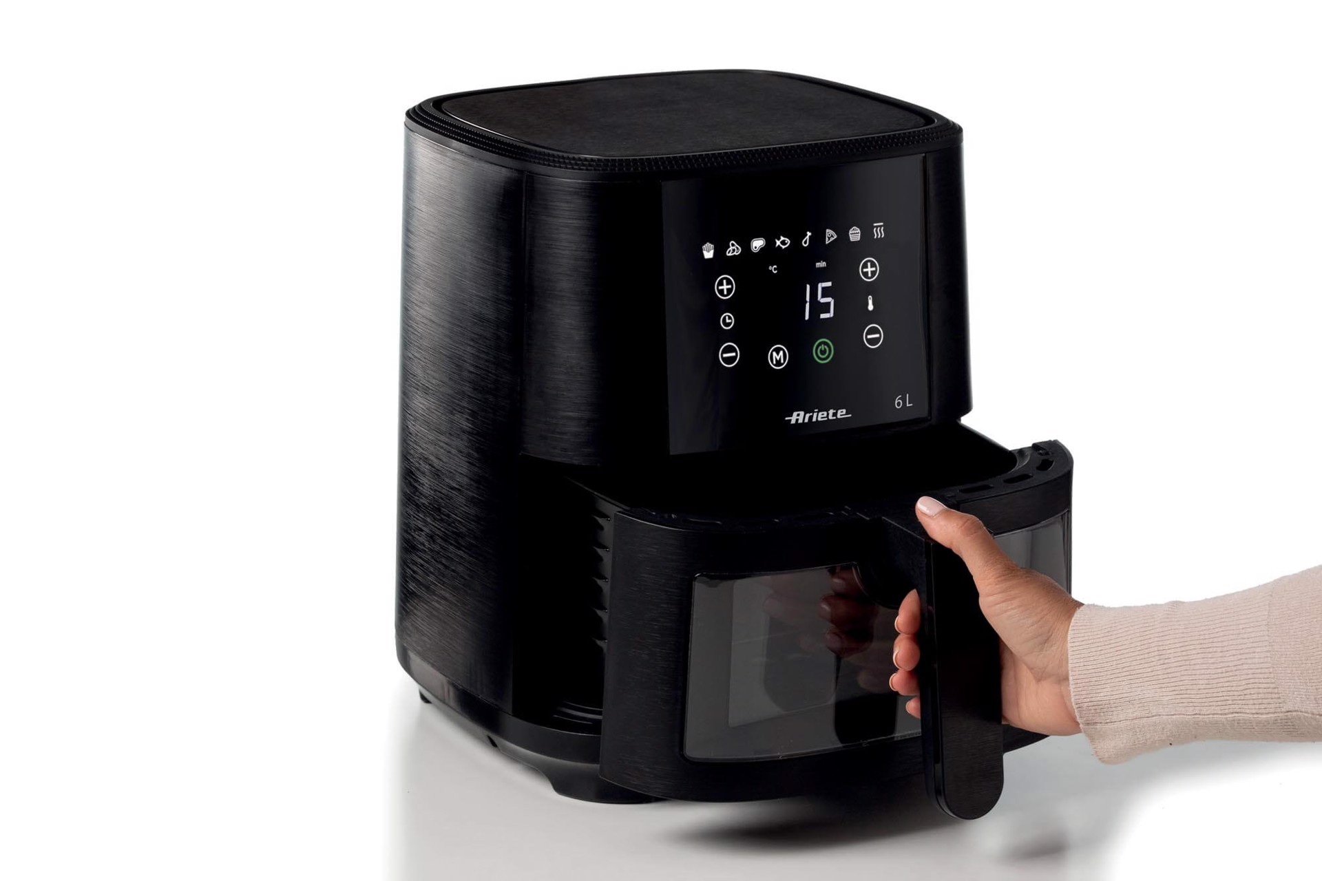 ARIETE 4626 Airy Fryer 6L, Friggitrice ad aria, 1300 W, Capacita 6L,  Capacita di cottura 2,5kg, 8 programmi preimpostati, Temperatura fino a  200°, Cestello trasparente per controllo cottura, Nero mod.4626/00