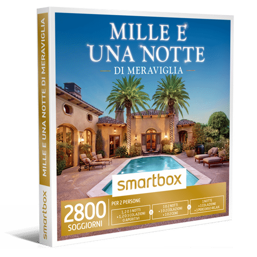 Smartbox Cofanetto Mille E Una Notte Di Meraviglia - 1, 2 o 3 notti • 1, 2 o 3 colazioni o aperitivi
O
1 o 2 notti • 1 o 2 colazioni • 1 o 2 cene
O
1 notte • 1 colazione • 1 percorso relax