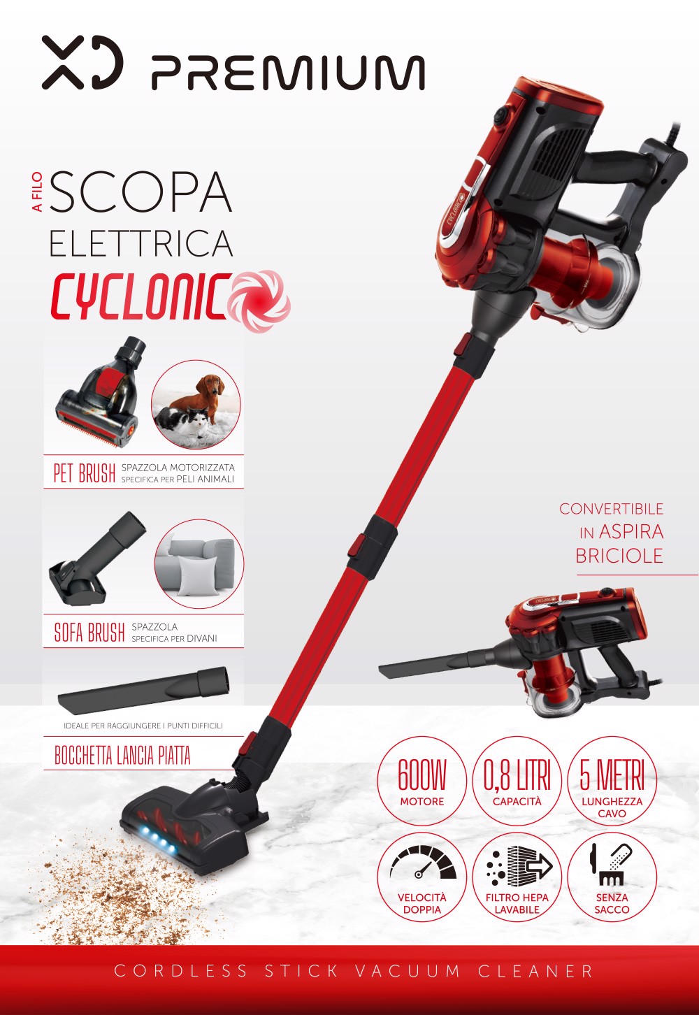 XD Enjoy Scopa Elettrica Ciclonica A Filo 600W - Convertibile In