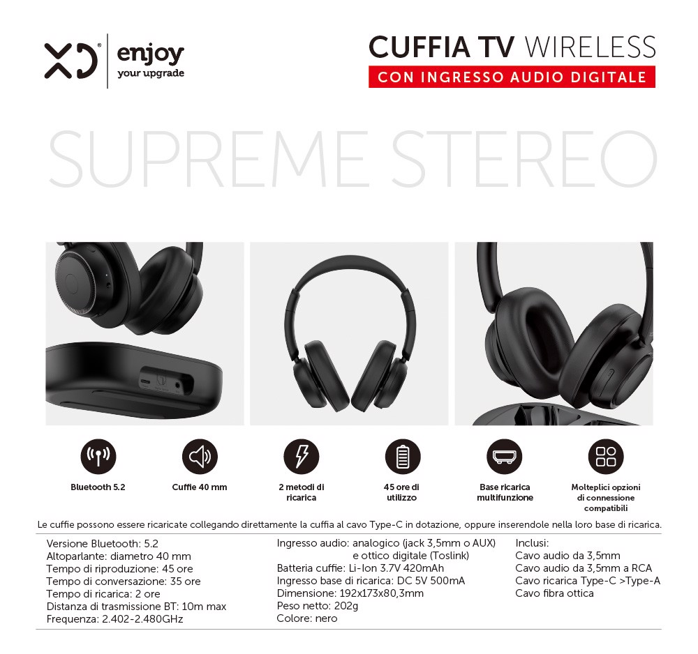 XD Enjoy XDGTK2 cuffia e auricolare Cuffie Wireless Portatile TV Bluetooth  Base di ricarica Nero, Cuffie senza fili in Offerta su Stay On