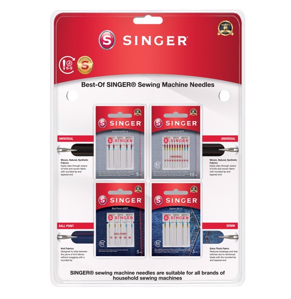 SINGER 250088002  blister, set 25 pz aghi universali, 10 aghi jeans, 10 aghi tess unvers per macchina da cucire