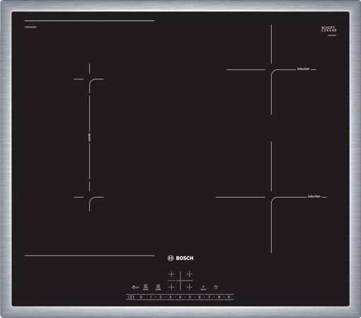 Bosch Serie 6 PVS645FB5E piano cottura Nero, Acciaio inossidabile Da incasso 60 cm Piano cottura a induzione 4 Fornello(i)