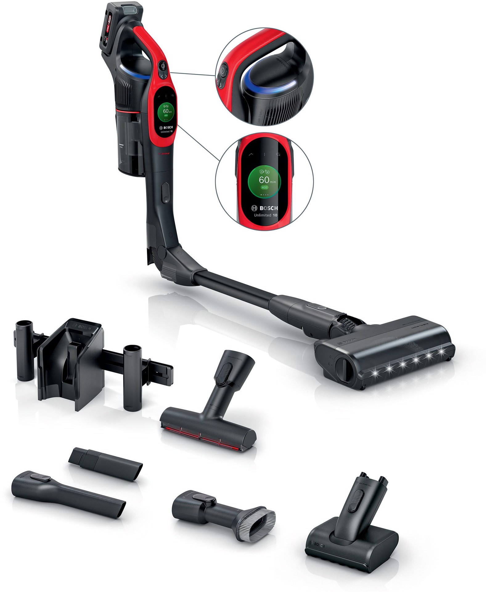 Bosch BCS711PET Unlimited 7 ProAnimal Scopa Elettrica Ricaricabile Senza Fili - Aspirapolvere Per Peli Di Animali, Nero/Rosso, 40 Min Di Autonomia