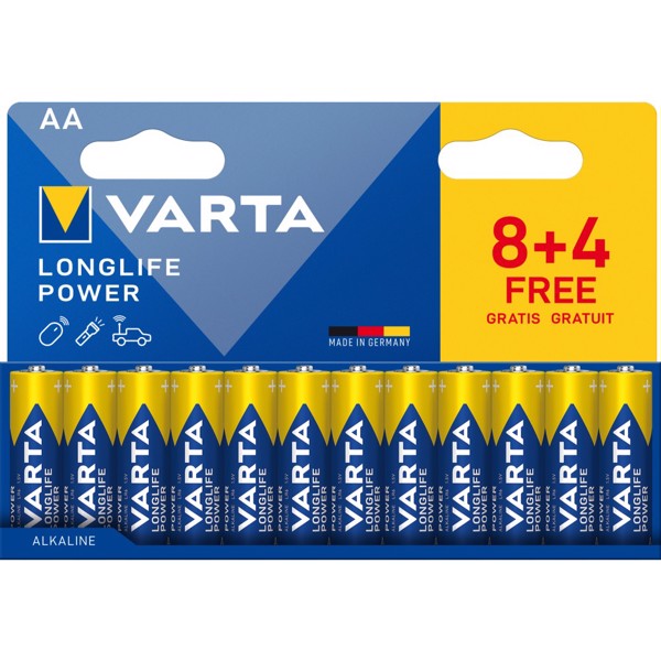 Varta Longlife Power, Batteria Alcalina, AA, Blister da 8+4, Made in Germany