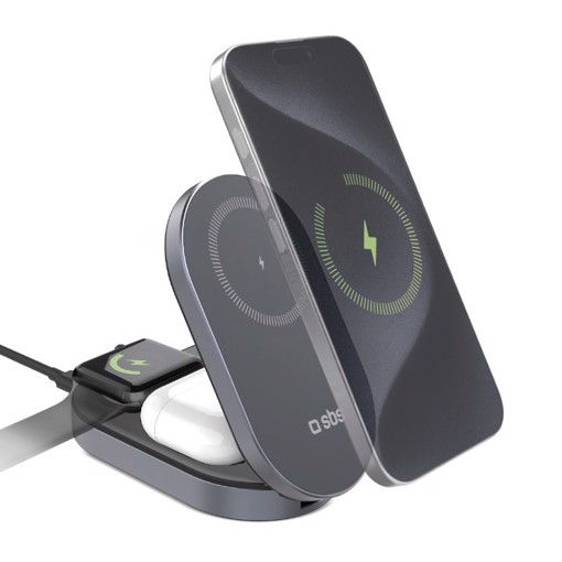 SBS TEWIRMAGFOLD31QI2MFI Caricabatterie per dispositivi mobili Cuffie, Smartphone, Orologio intelligente Grigio USB Carica wireless Ricarica rapida Interno, Esterno