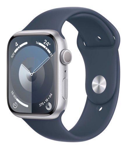 Apple Watch Series 9 GPS Cassa 45mm in Alluminio Argento con Cinturino Sport Blu Tempesta - S/M