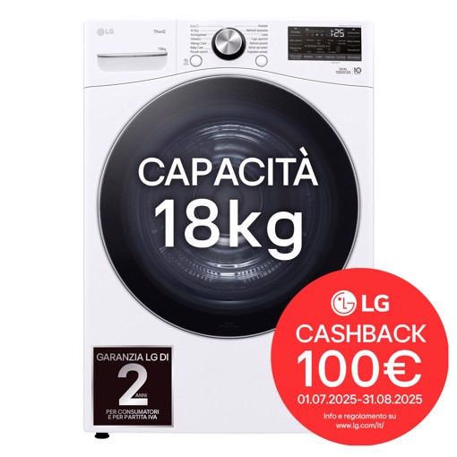 LG RH18U8AVCW Asciugatrice 18kg Pompa di calore DUAL Inverter Classe A+++, Motore Direct Drive, AI Dry, Wi-Fi, Bianca