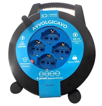 Avvolgicavo 4 Prese Bipasso/Schuko Cavo 10Mt Con Spina Da 16A