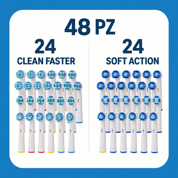 Set completo: 48 testine totali (24 Clean Faster + 24 Soft Action)
Confezionate singolarmente per la massima igiene
Compatibili con la maggior parte degli spazzolini
Pulizia profonda e azione delicata in un unico kit
Colori identificativi alla base per uso familiare
Setole arrotondate e sicure per gengive e smalto