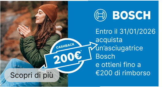 Più tempo per te, meno stress: Acquista un'asciugatrice Bosch e ottieni fino a €200 di rimborso