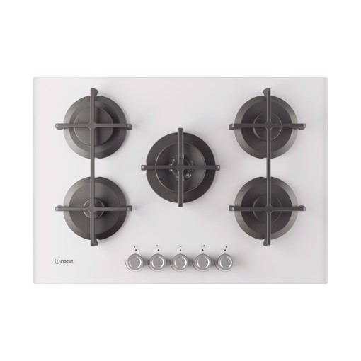 Indesit ING 72T/WH 1 piano gas vetro bianco 75cm 5 fuochi bruciatore doppia corona griglie in ghisa lavabili in lavastoviglie