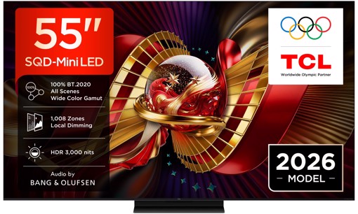 TCL C8L TV 55C8L SQD Mini LED da 55", 4K HDR, 3000 nit, 1.008 zone di dimming, Google TV, 144Hz, Dolby Vision & Atmos, Audio Bang & Olufsen