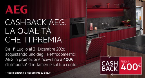 La qualità che ti premia: acquistando uno degli elettrodomestici AEG in promozione ricevi fino a 400€ di rimborso direttamente sul tuo conto.