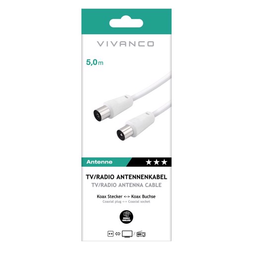 Cavo antenna con connettori maschio/maschio, colore bianco, lungo 5 m