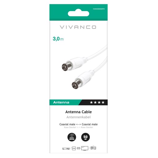 Cavo antenna con connettori maschio/maschio, colore bianco, lungo 3 m