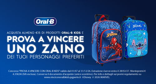 Acquista almeno €15 di prodotti ORAL-B KIDS e prova a vincere uno zaino dei tuoi personaggi preferiti