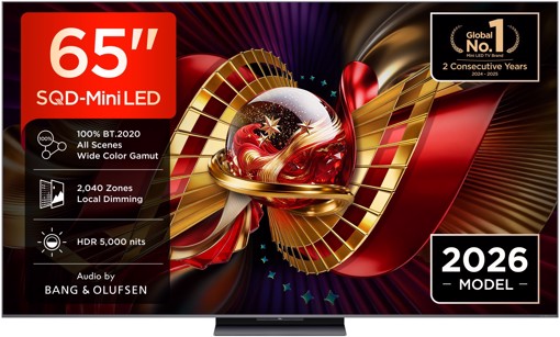 TCL C8L TV 65C8L SQD Mini LED da 65", 4K HDR, 5000 nit, 2.040 zone di dimming, Google TV, 144Hz, Dolby Vision & Atmos, Audio Bang & Olufsen