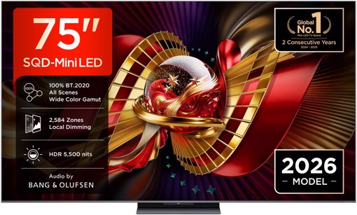 TCL C8L TV 75C8L SQD Mini LED da 75", 4K HDR, 5500 nit, 2.584 zone di dimming, Google TV, 144Hz, Dolby Vision & Atmos, Audio Bang & Olufsen