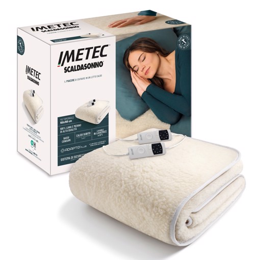 Imetec Scaldasonno Adapto Plus 100% Lana e Merino, Matrimoniale 160x150 cm, Caldo Subito, Tecnologia brevettata Adapto Plus, Sistema Sicurezza ElectroBlock, Bassi consumi, 6 Temperature, Autospegnimento 1, 3, 9 ore, Made in Italy