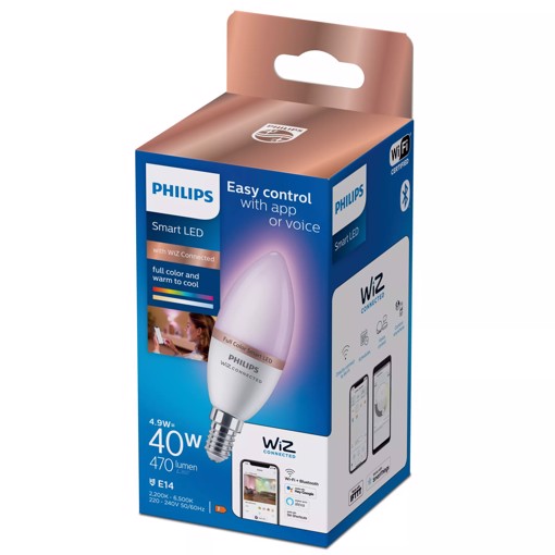 Philips Lamp. C37 RGB LED intell., base E14, 470 lm