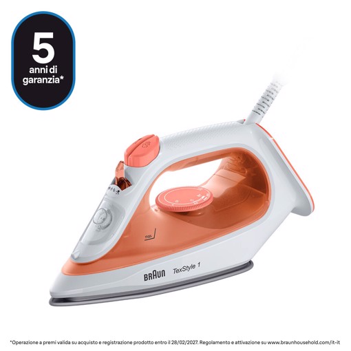 Braun TexStyle 1 - Ferro da stiro a vapore, 1900W, 220ml, Arancione (SI1009OR)