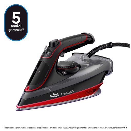 Braun TexStyle 5 - Ferro da stiro a vapore, Manico aperto ergonomico, FreeGlide3D, 2700W, 300ml, Rosso/Nero (SI5057RD)