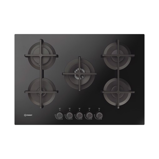 Indesit ING 72T/BK 1 piano gas vetro nero 75cm 5 fuochi bruciatore doppia corona griglie in ghisa lavabili in lavastoviglie Made in Italy