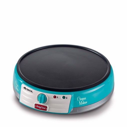 Ariete 202 Crepes Maker Party Time - Piastra per Crepes antiaderente - 2 spatole in legno - ricettario - 1000 W - Celeste