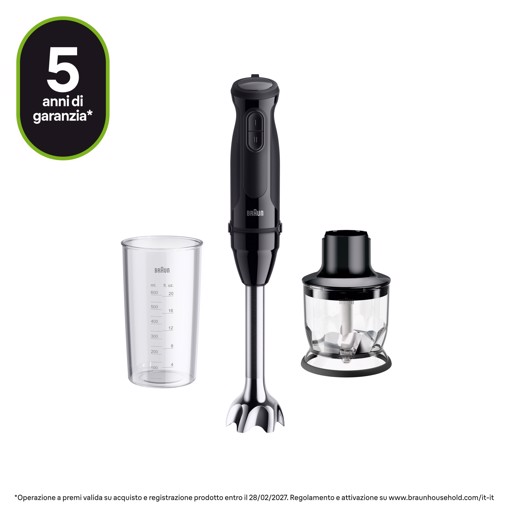 Braun MultiQuick 3 - Minipimer, Frullatore a immersione, con Tritatutto, 700W, Nero (MQ.30201M)