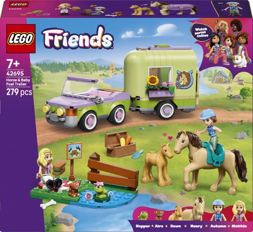 LEGO Friends 42695 Rimorchio per Cavallo e Puledro, con Cavallo Giocattolo, Pony, Accessori, Auto, 2 Mini Bamboline, Regalo 7+