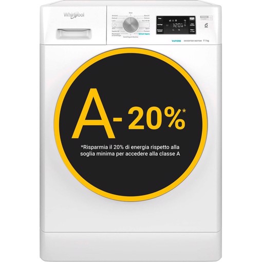 Whirlpool FFB 1148 BSV IT Lavatrice 11kg, 100% DI FRESCHEZZA, ANCHE SE DIMENTICHI IL BUCATO, classe A-20%, colore bianco, 1400 giri, vapore