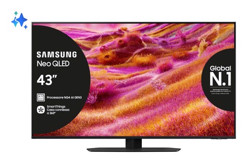Samsung Neo QLED AI TV 43" QE43QN90FATXZT 4K Mini LED, Processore NQ4 AI Gen3, 4K AI Upscaling Pro, Motion Xcelerator 165Hz, Neo Quantum HDR, Dolby Atmos & OTS Lite, NeoSlim Design, Vision AI Smart TV, 2025