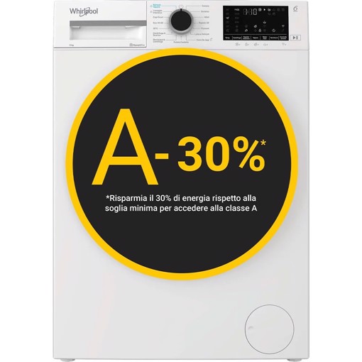 Whirlpool WAM R949WB IT, 9kg, classe A -30%, Bianco, Inverter, 1400 giri, Display digitale XL, vapore, porta nera, Wi-Fi
