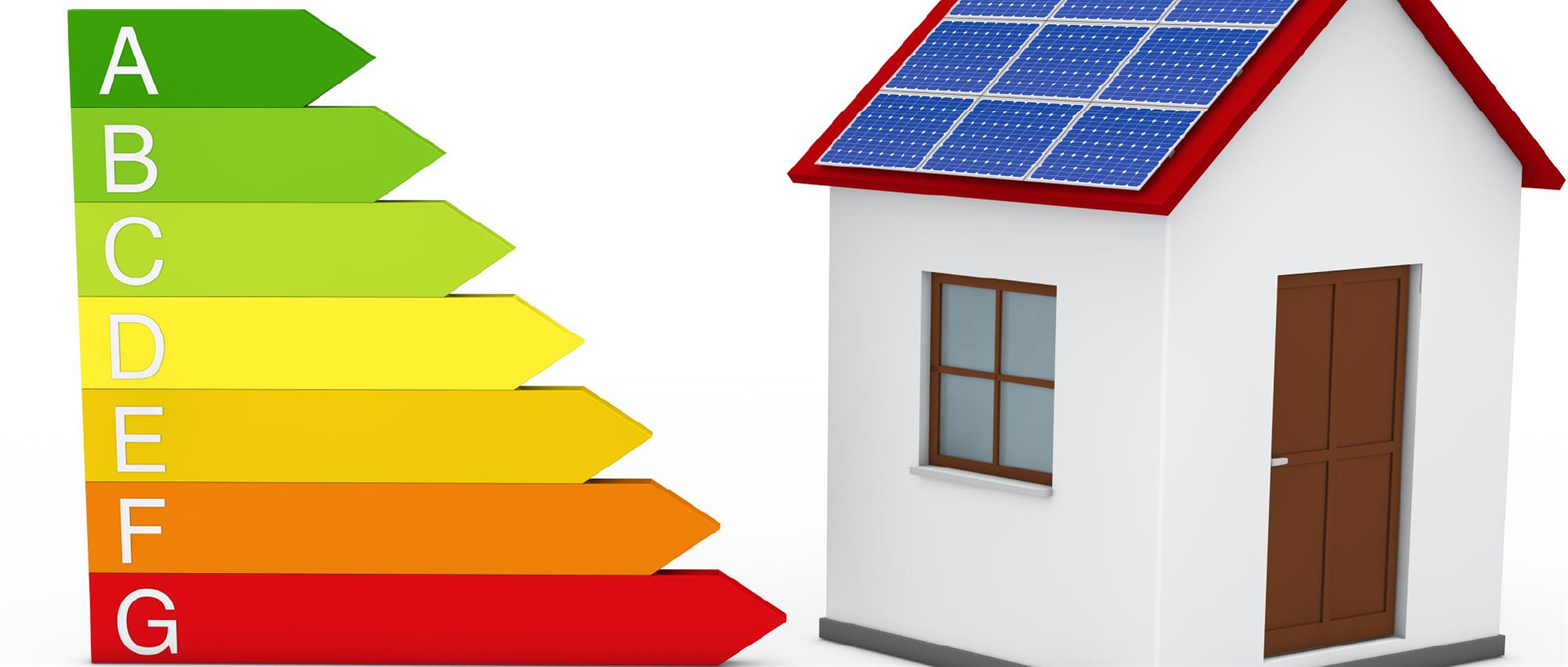 Casa con pannelli solari e scala delle classi energetiche
